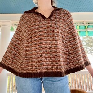 Women’s Short Knit Brown, Orange & Blue Collared Cape
